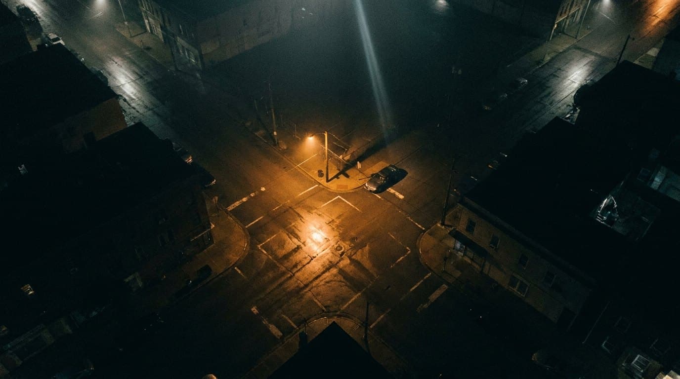 Overhead view of a night intersection with a single vehicle under an amber streetlight