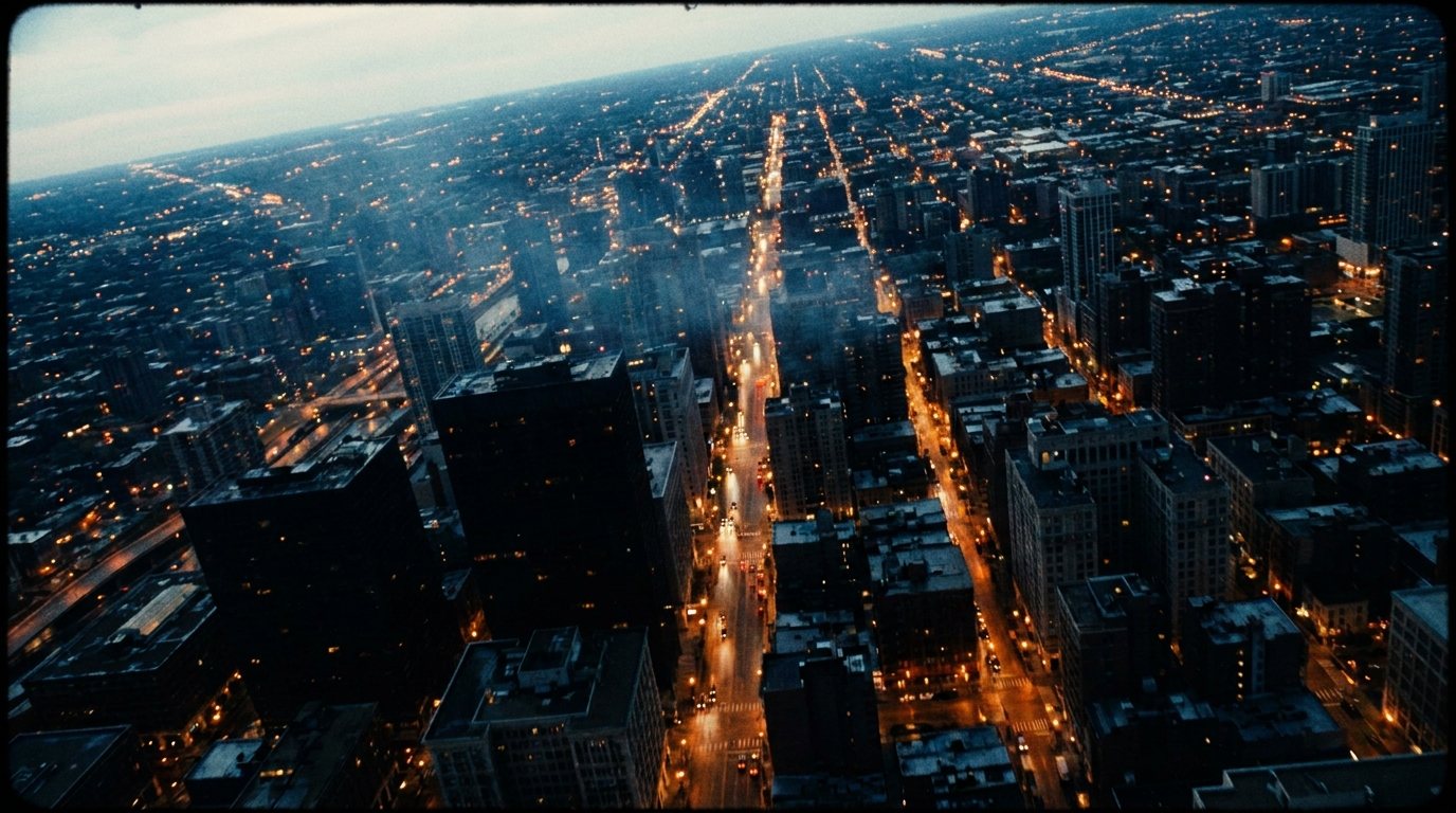 Aerial view over a city at dusk