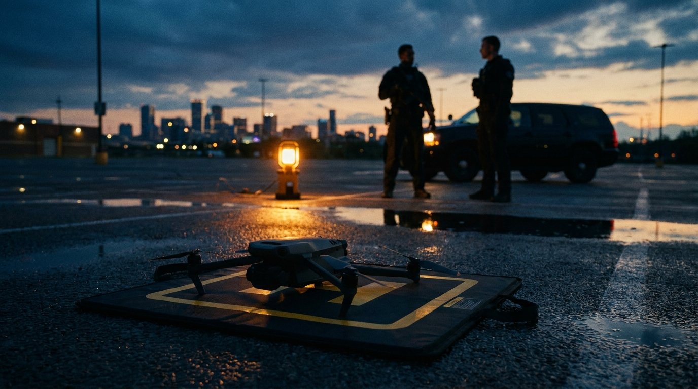 Drone launching at dusk
