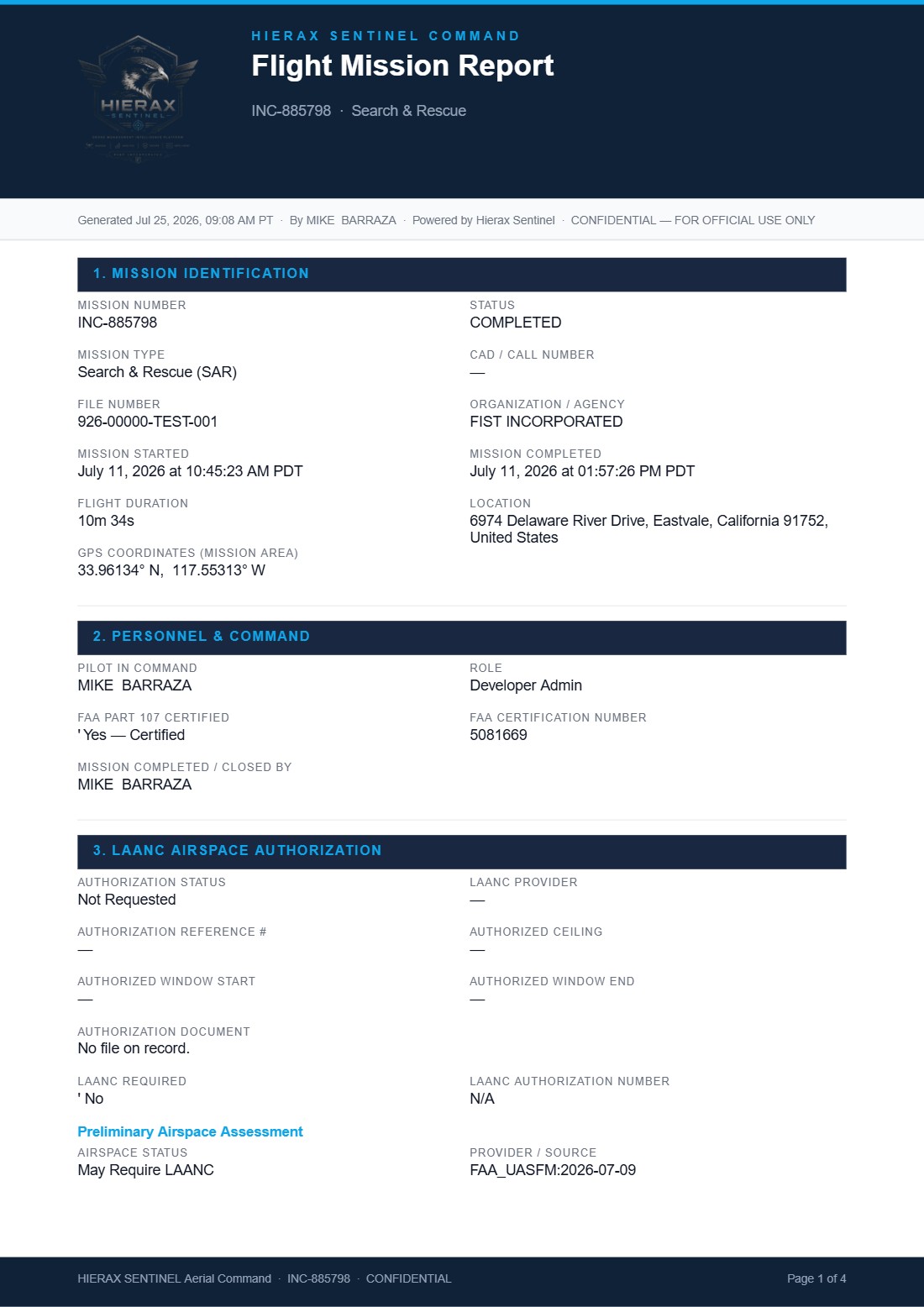 Hierax Sentinel flight mission report for INC-885798, page 1